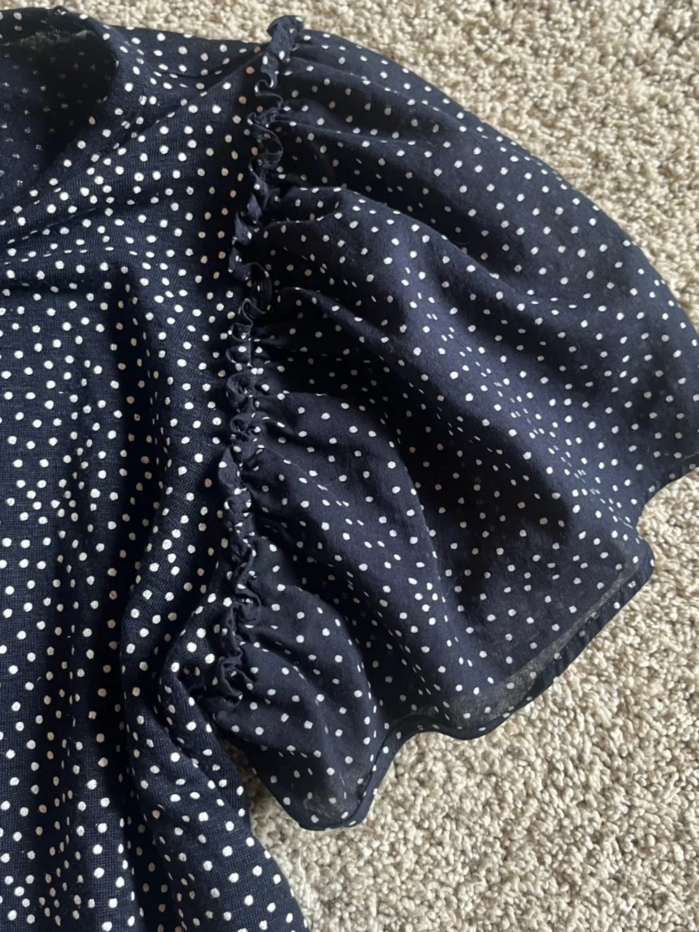 LOFT Linen Navy Polka Dot Puff Sleeve Blouse